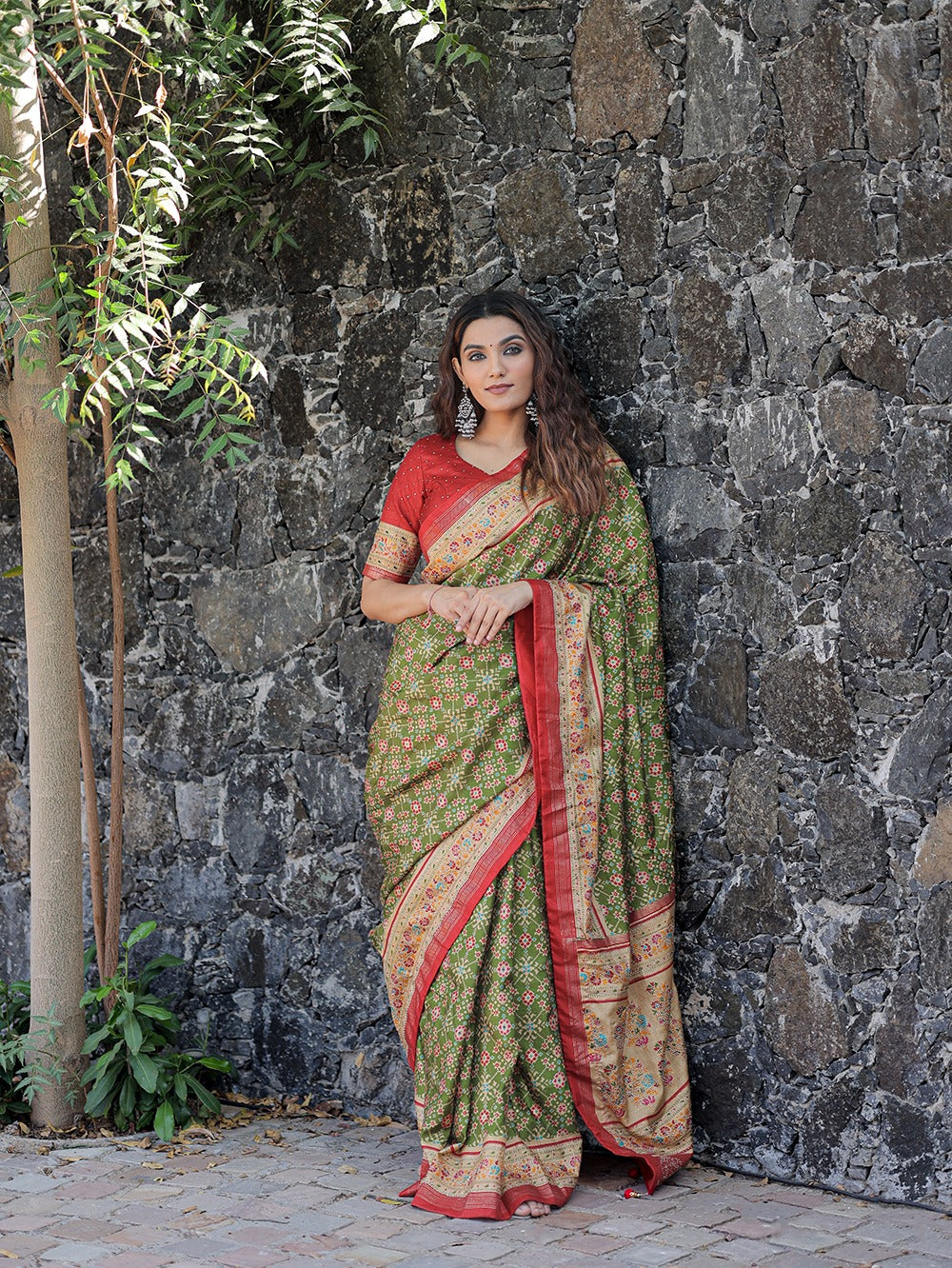 Wedding Function Wear Patola Design Mehndi Color Saree