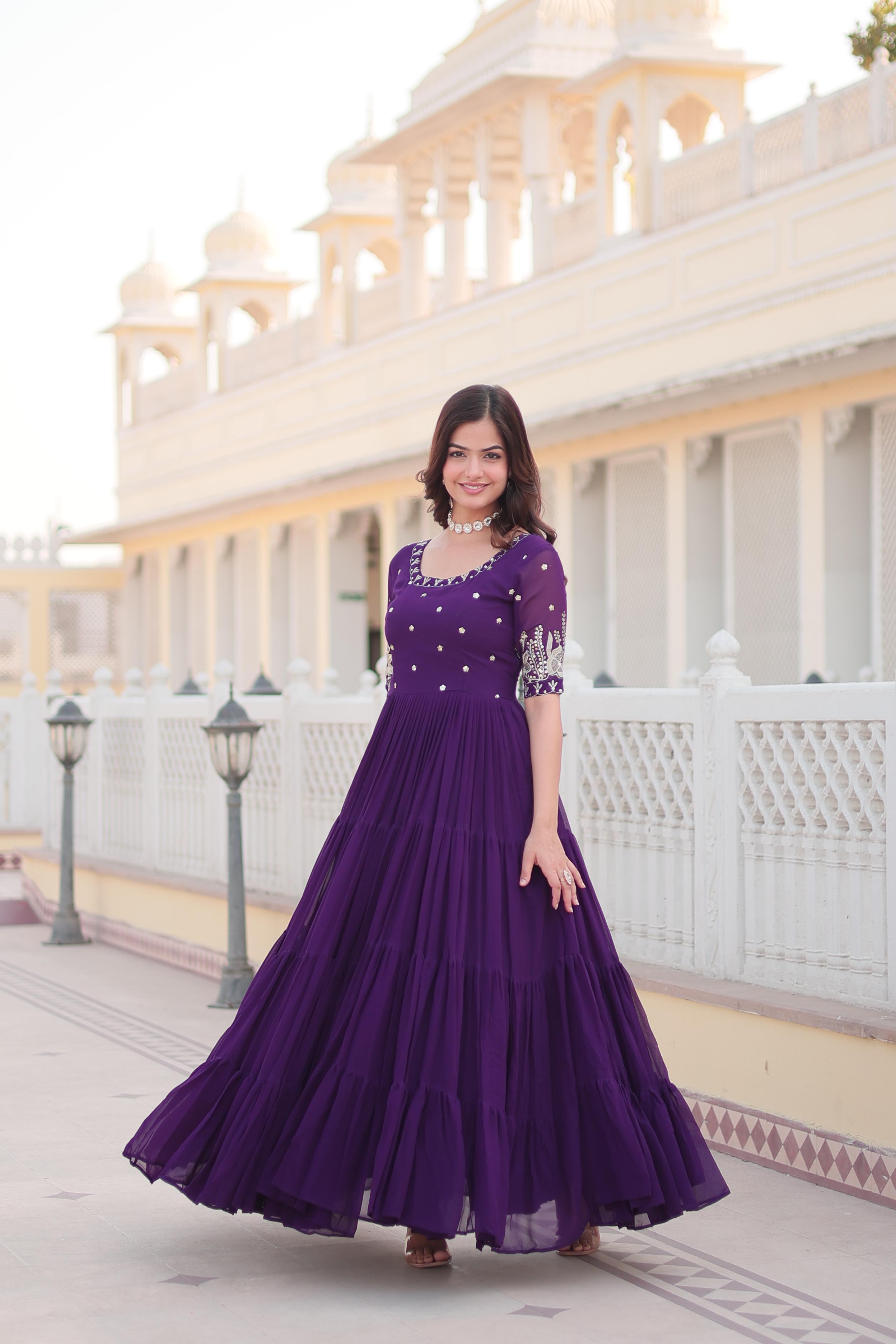 Ravishing Embroidery Zari Sequence Work Purple Gown