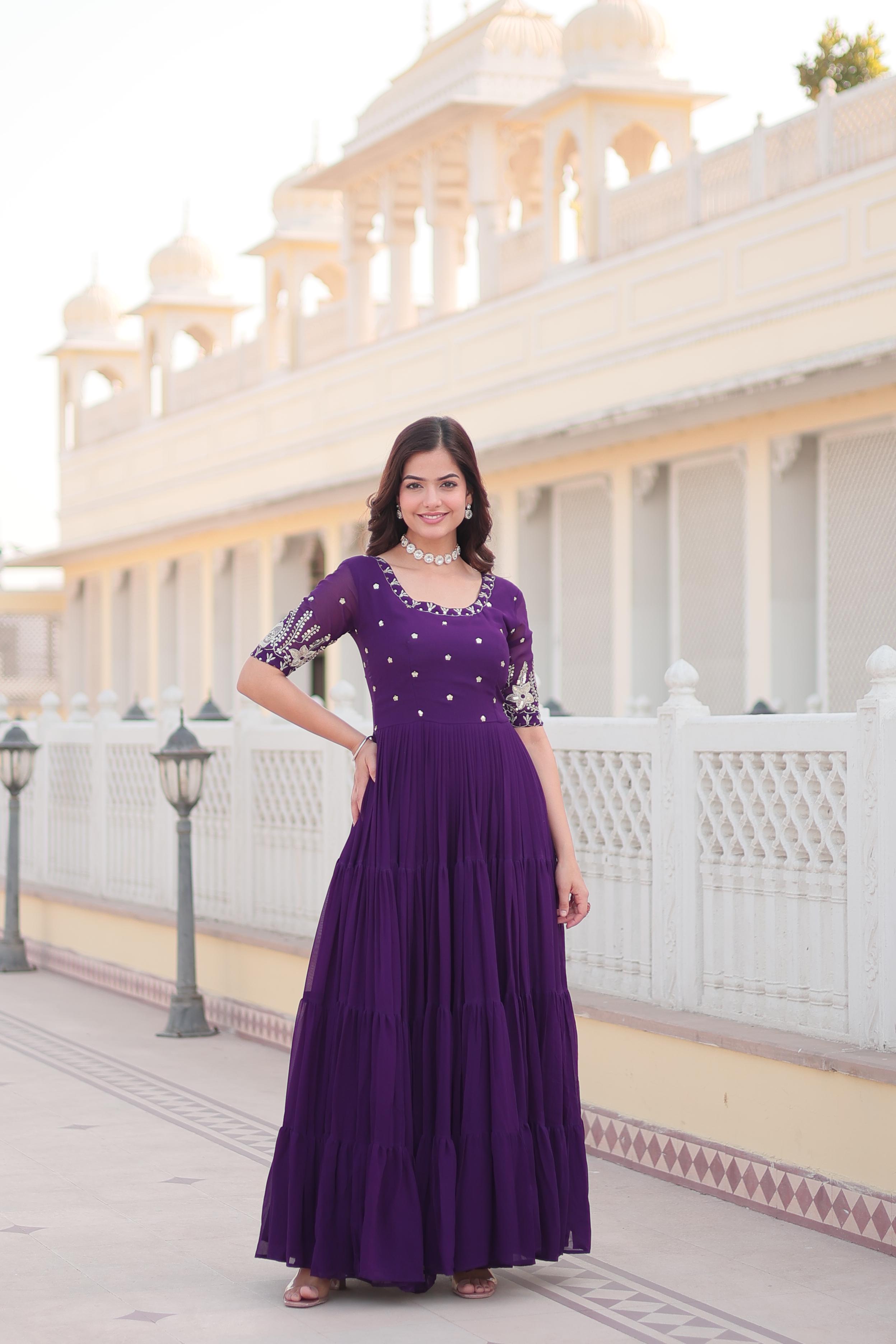 Ravishing Embroidery Zari Sequence Work Purple Gown