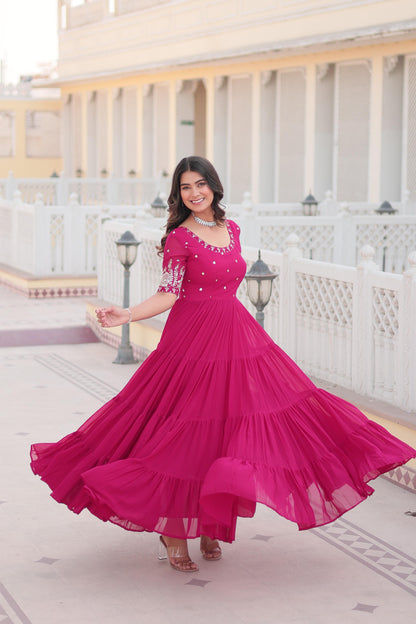 Ravishing Embroidery Zari Sequence Work Pink Gown