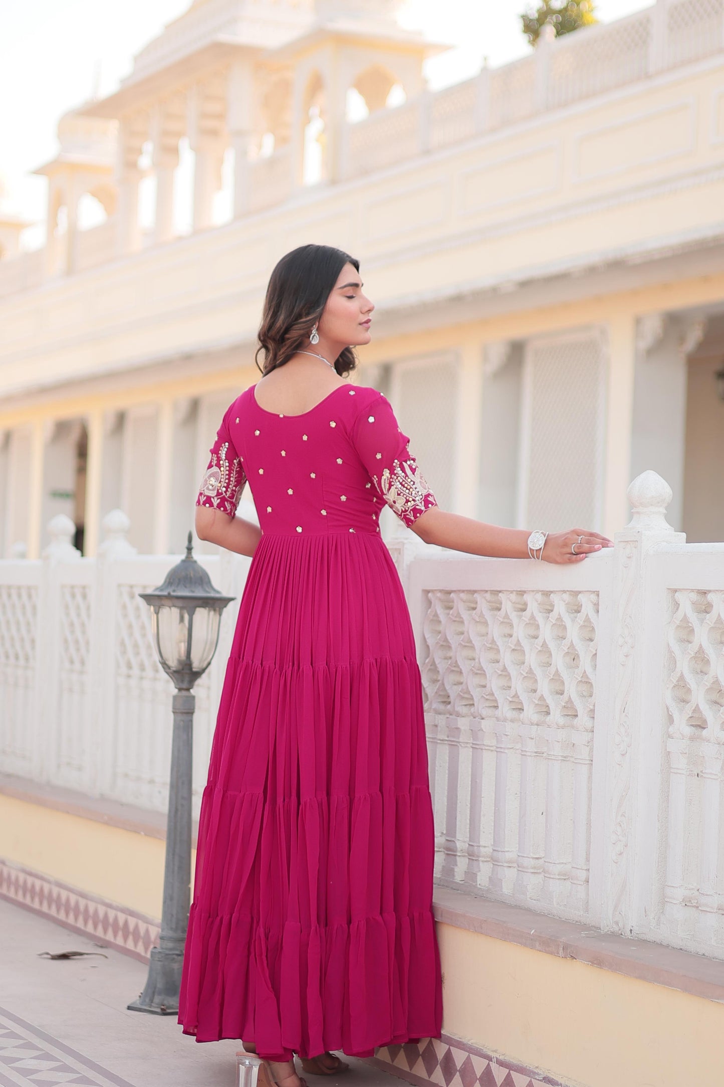 Ravishing Embroidery Zari Sequence Work Pink Gown