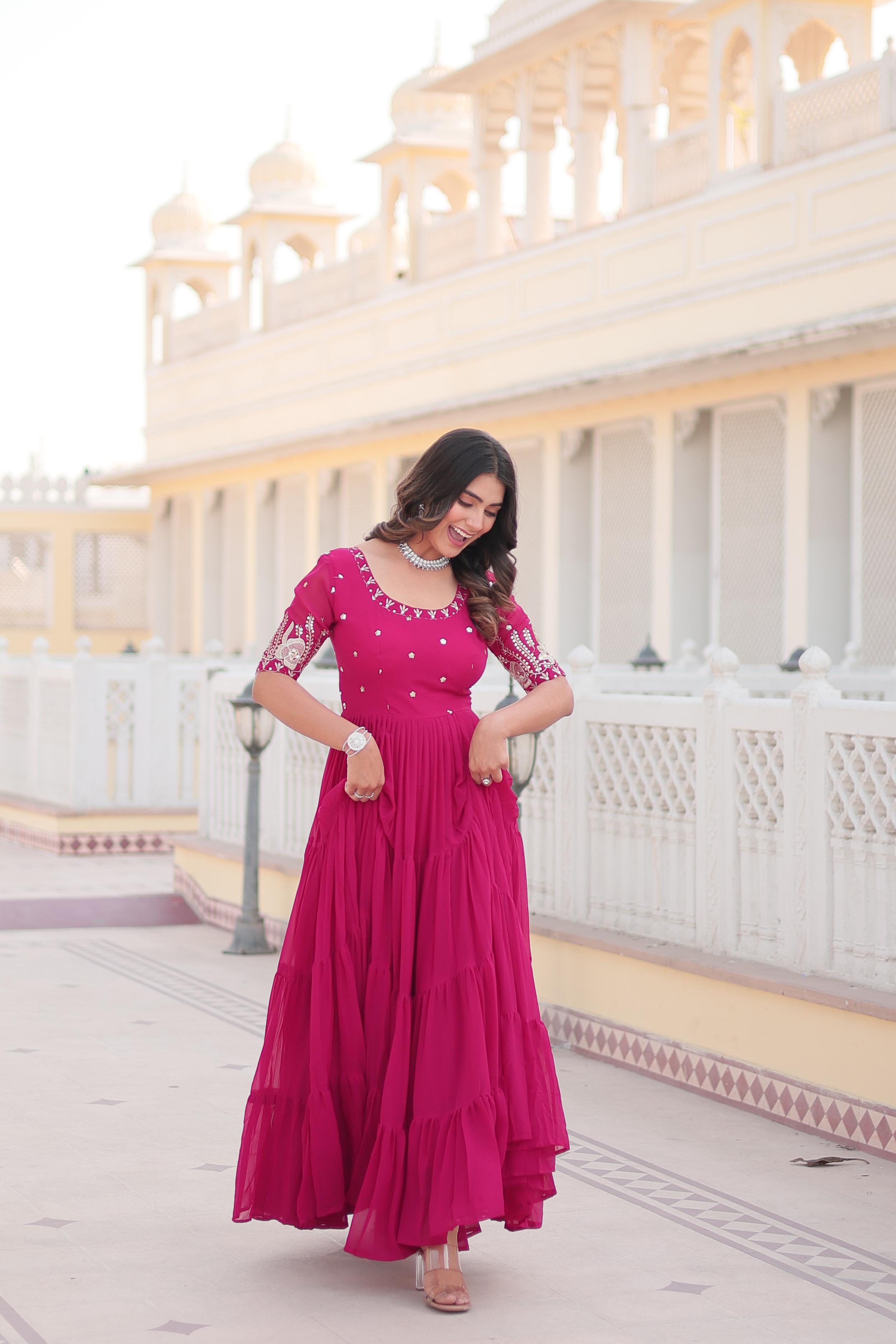 Ravishing Embroidery Zari Sequence Work Pink Gown