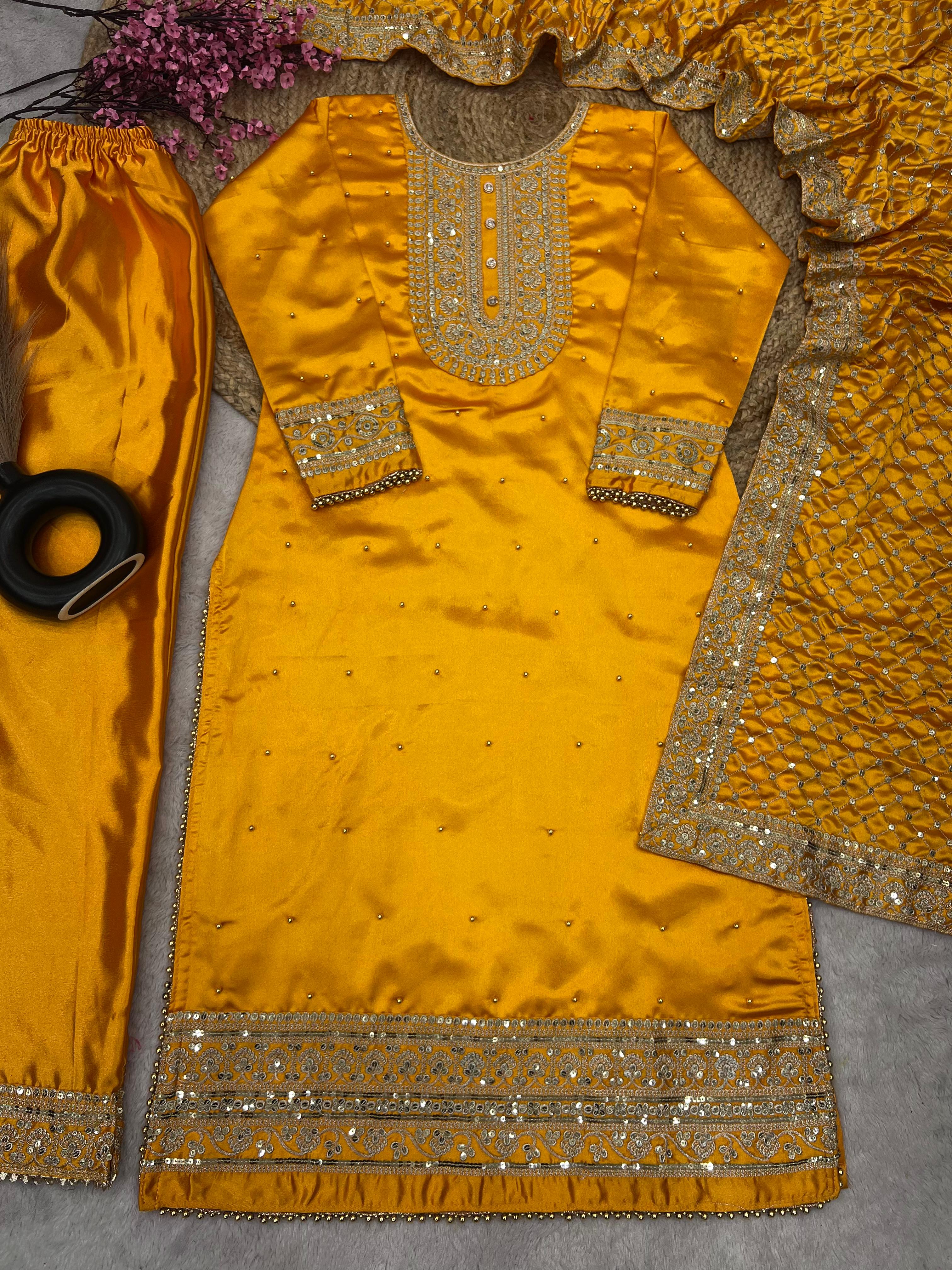 Attractive Mustard Color Work With Pearls Salwar Suit