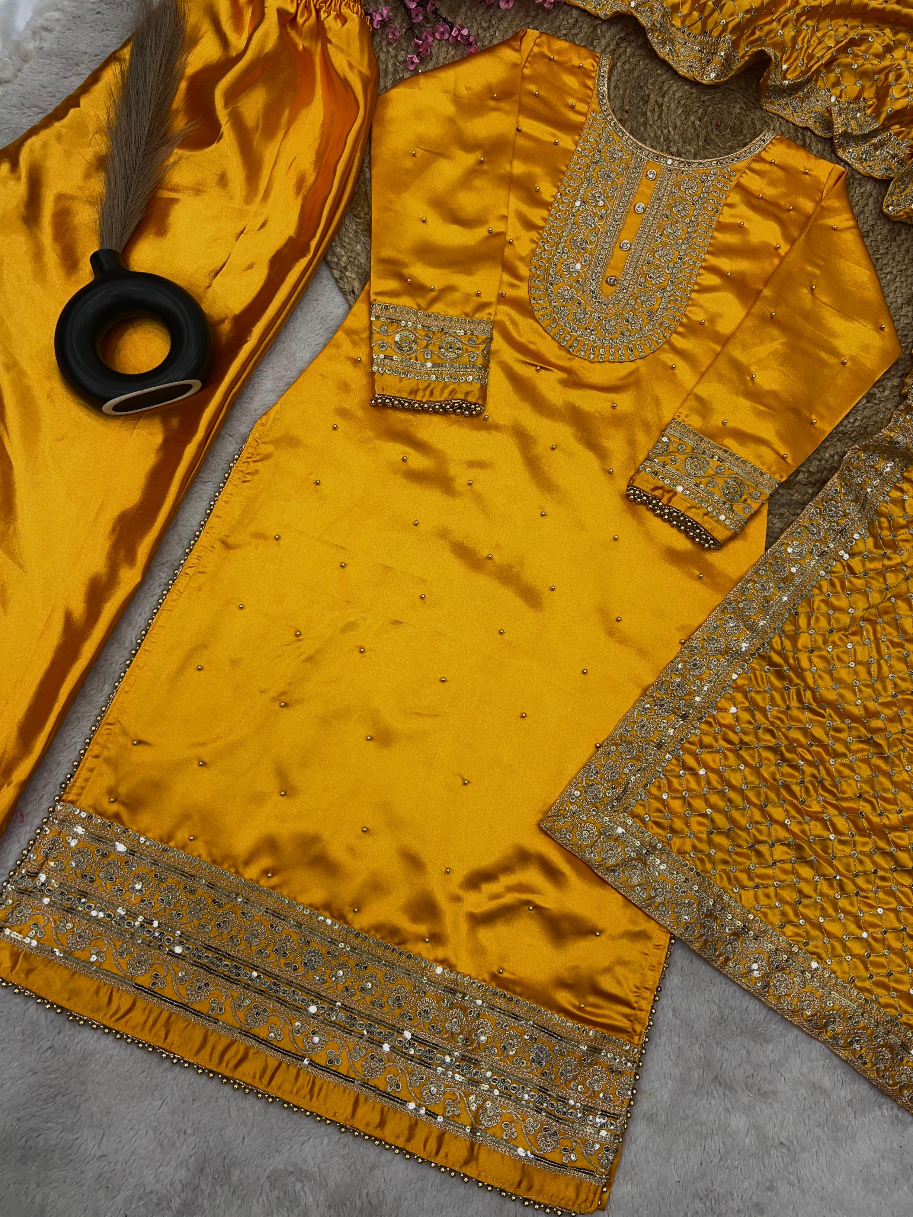 Attractive Mustard Color Work With Pearls Salwar Suit