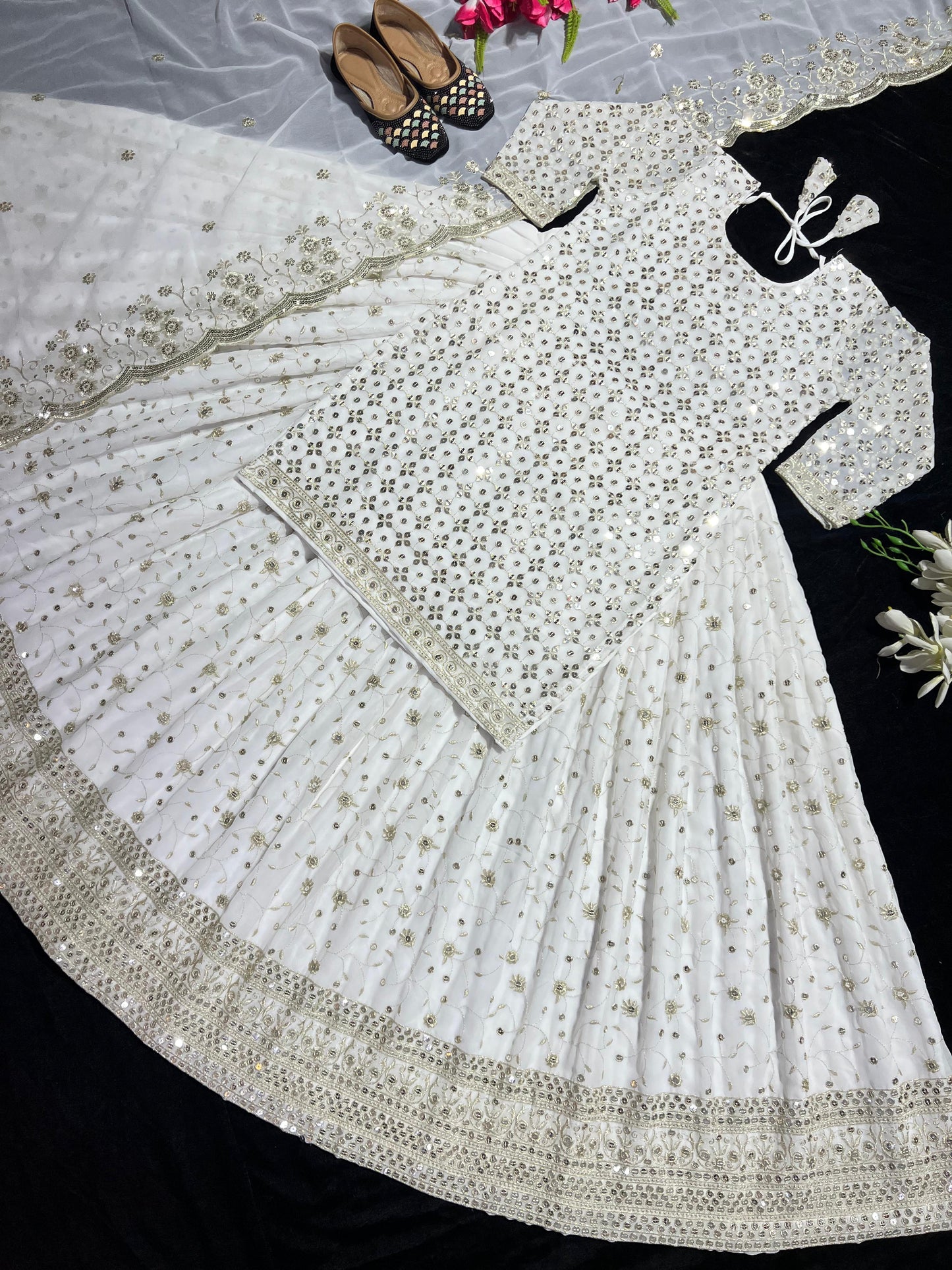 Decent White Color Sequence Embroidery Work Lehenga Suit