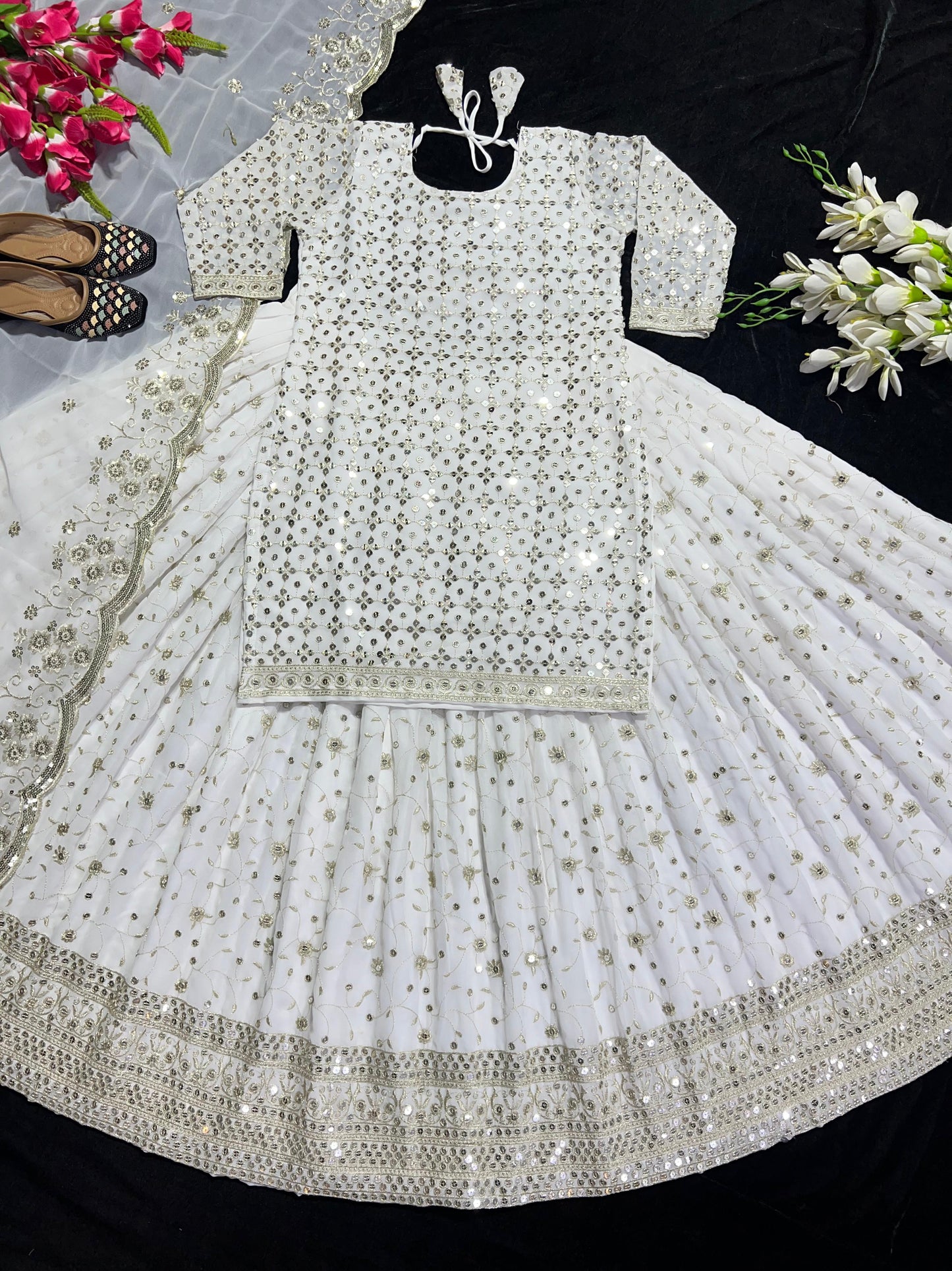 Decent White Color Sequence Embroidery Work Lehenga Suit