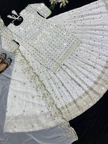 Decent White Color Sequence Embroidery Work Lehenga Suit