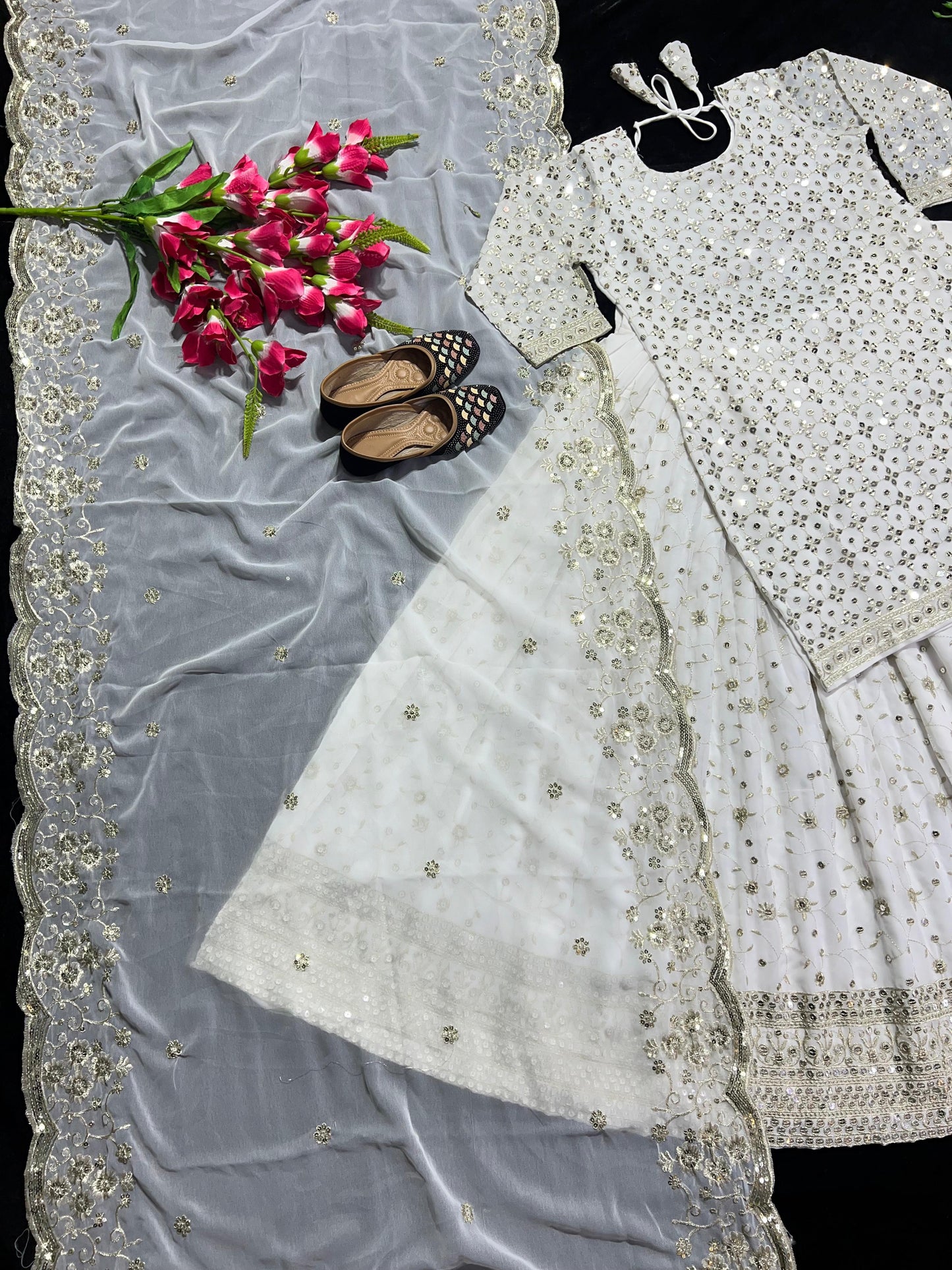 Decent White Color Sequence Embroidery Work Lehenga Suit