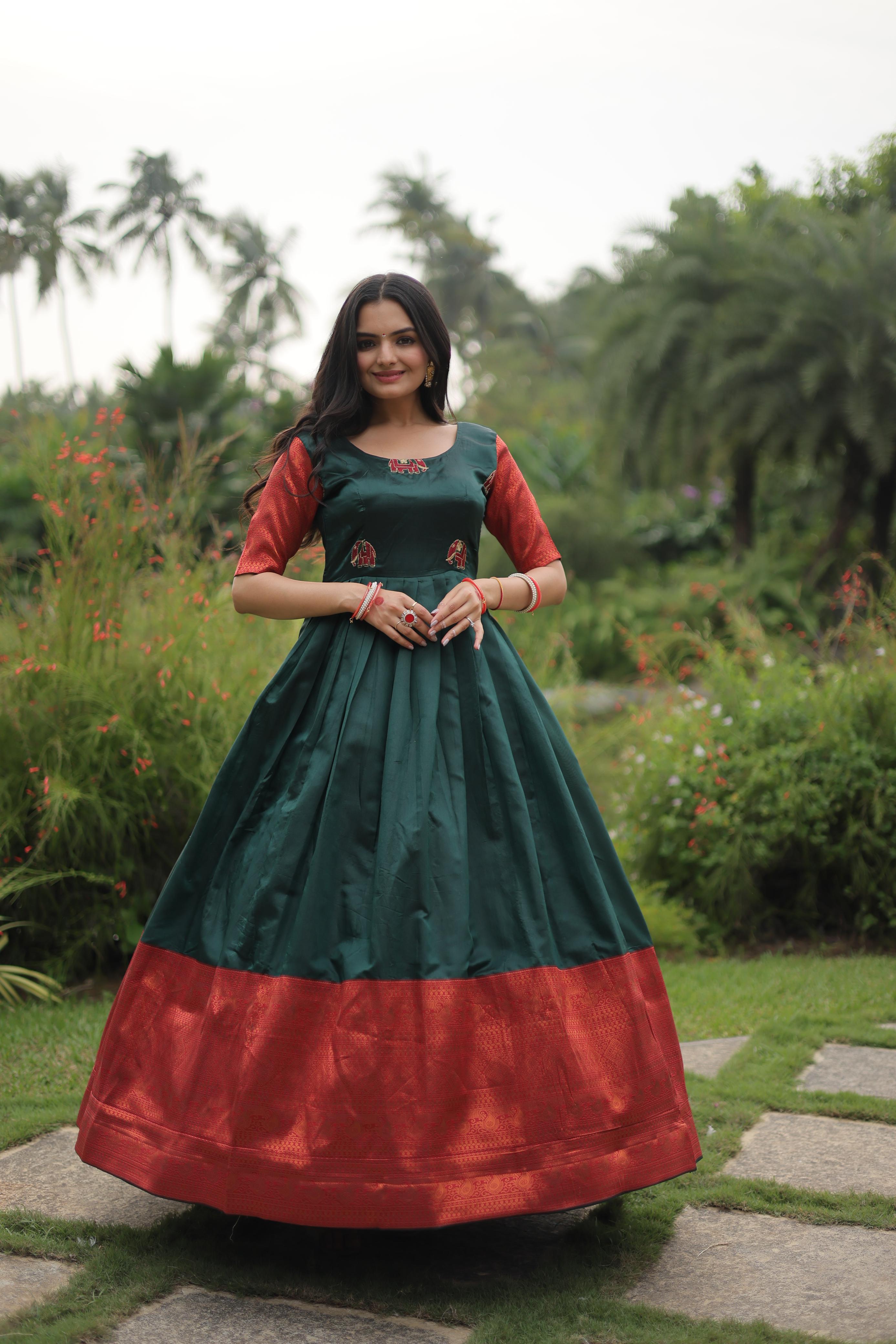 Banarasi Green Jacquard Weaving Design Fancy Gown