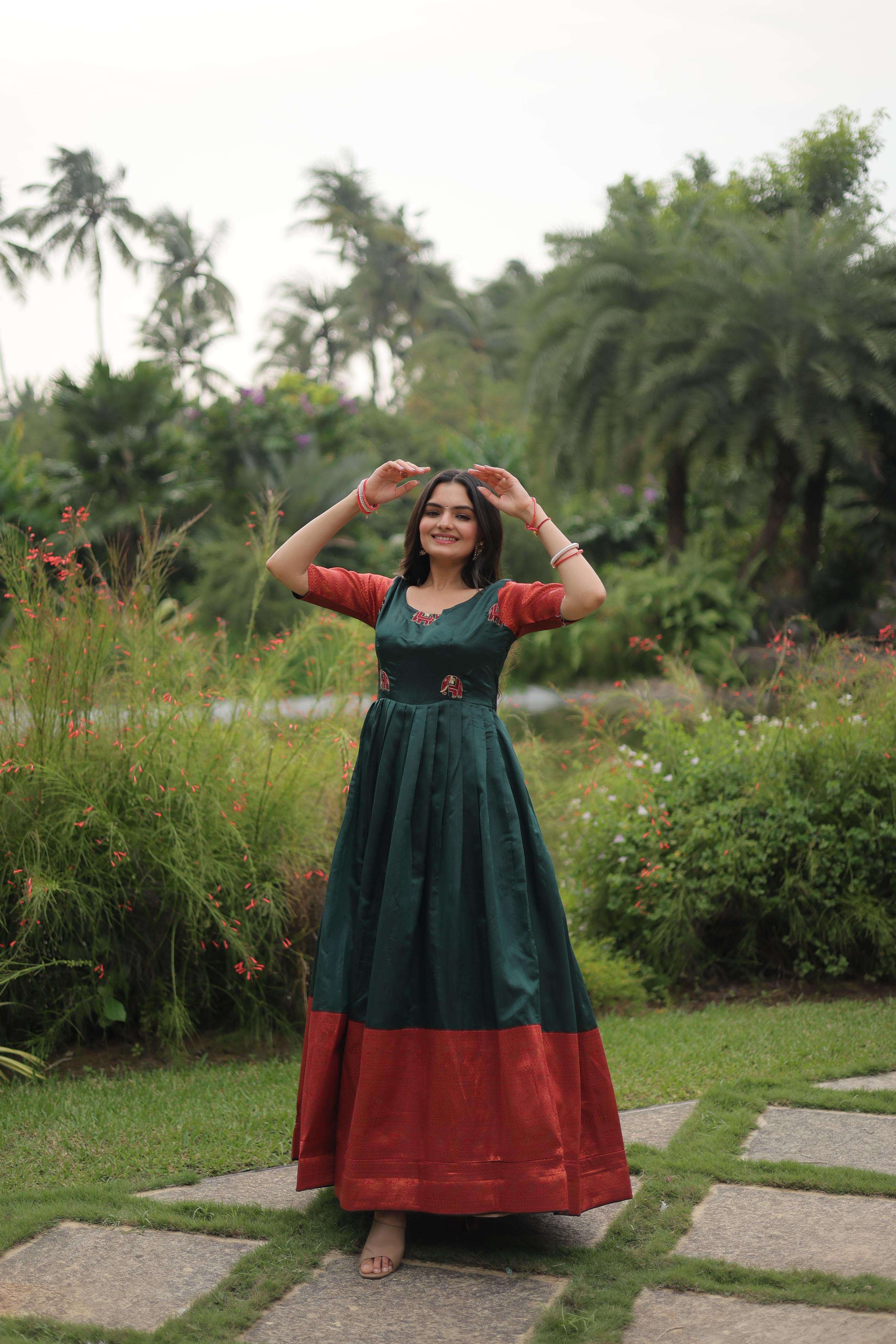 Banarasi Green Jacquard Weaving Design Fancy Gown