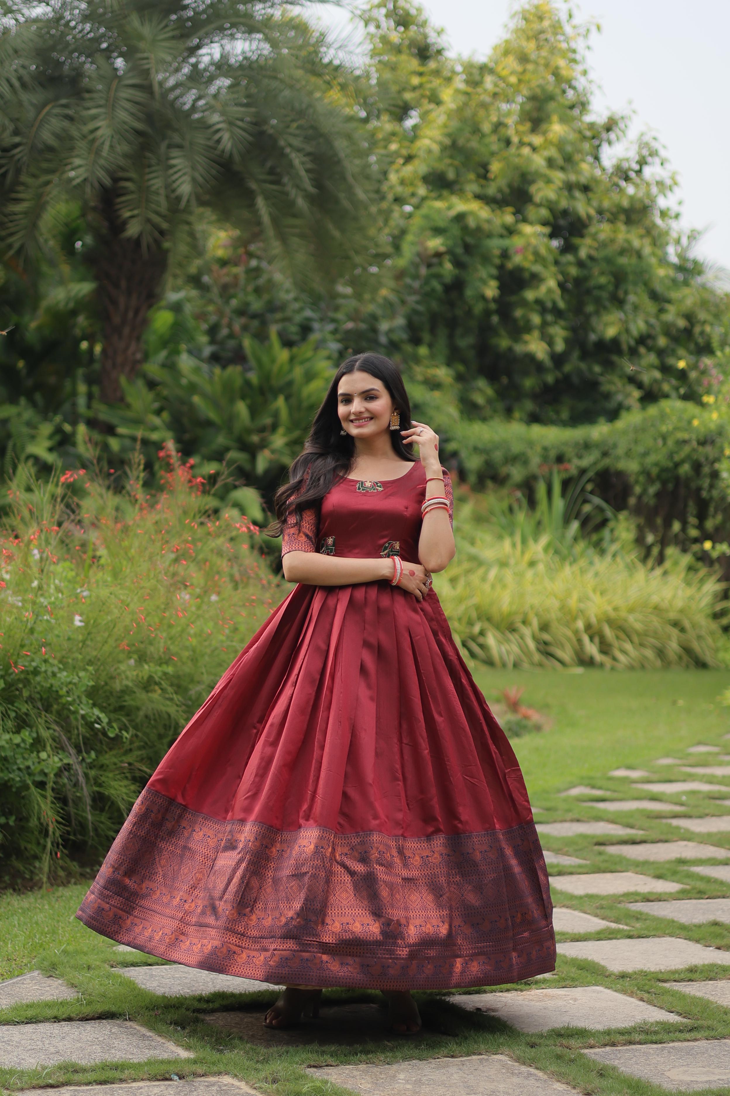Banarasi Maroon Jacquard Weaving Design Fancy Gown