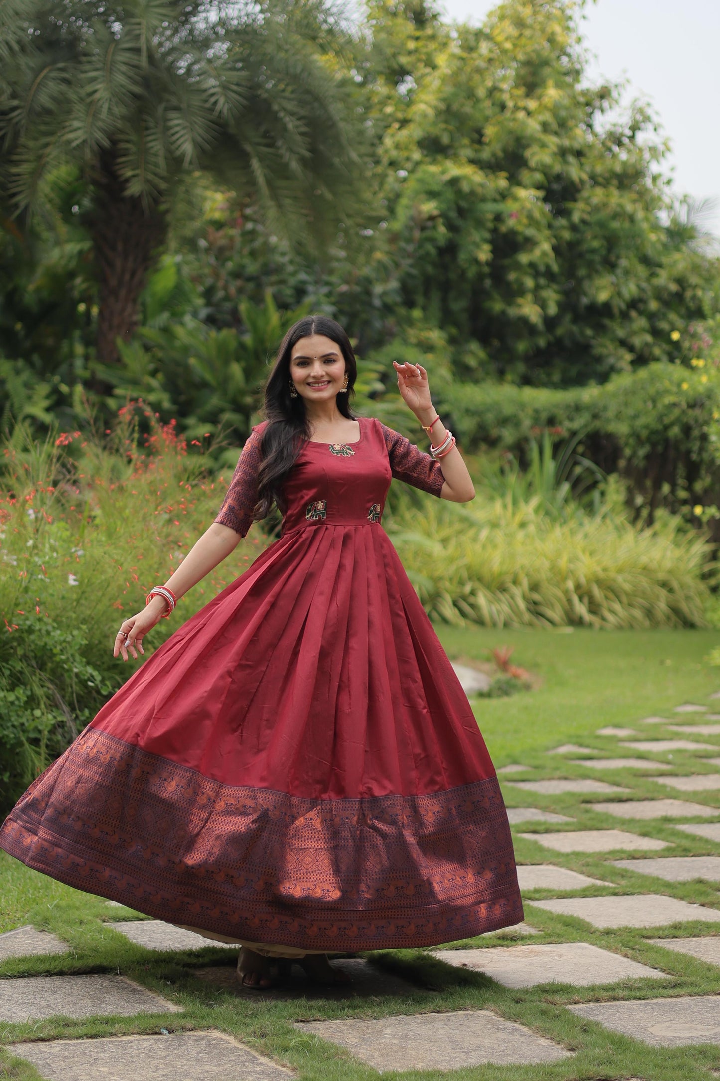 Banarasi Maroon Jacquard Weaving Design Fancy Gown