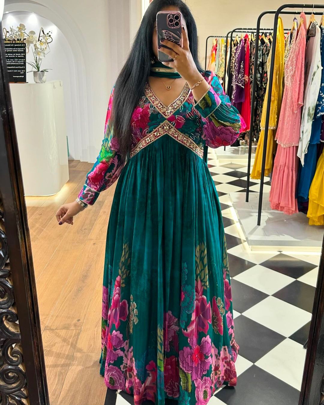 Balloon Sleeve Digital Print Work Green Color Gown