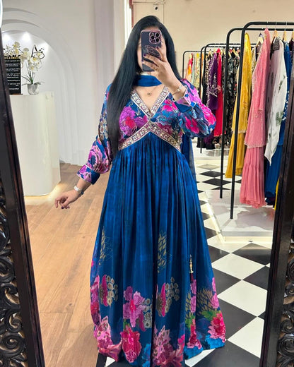 Balloon Sleeve Digital Print Work Blue Color Gown