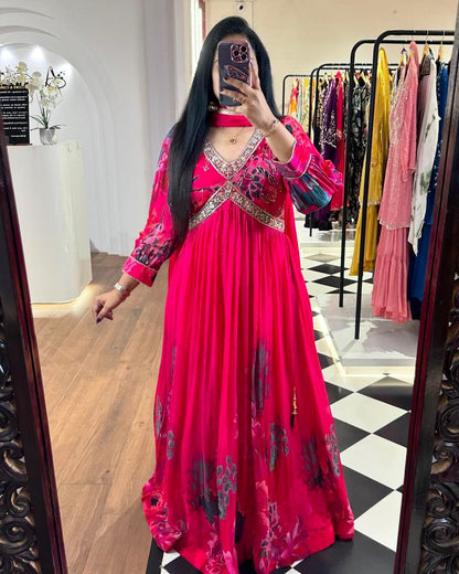 Balloon Sleeve Digital Print Work Pink Color Gown