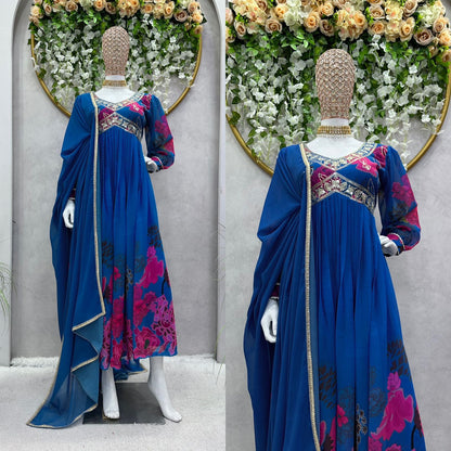 Balloon Sleeve Digital Print Work Blue Color Gown