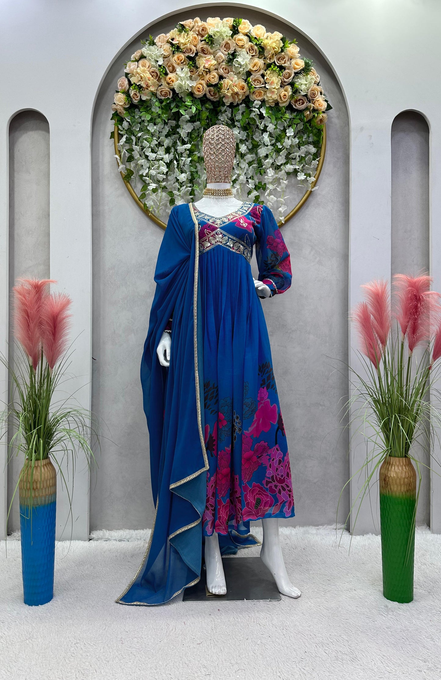 Balloon Sleeve Digital Print Work Blue Color Gown