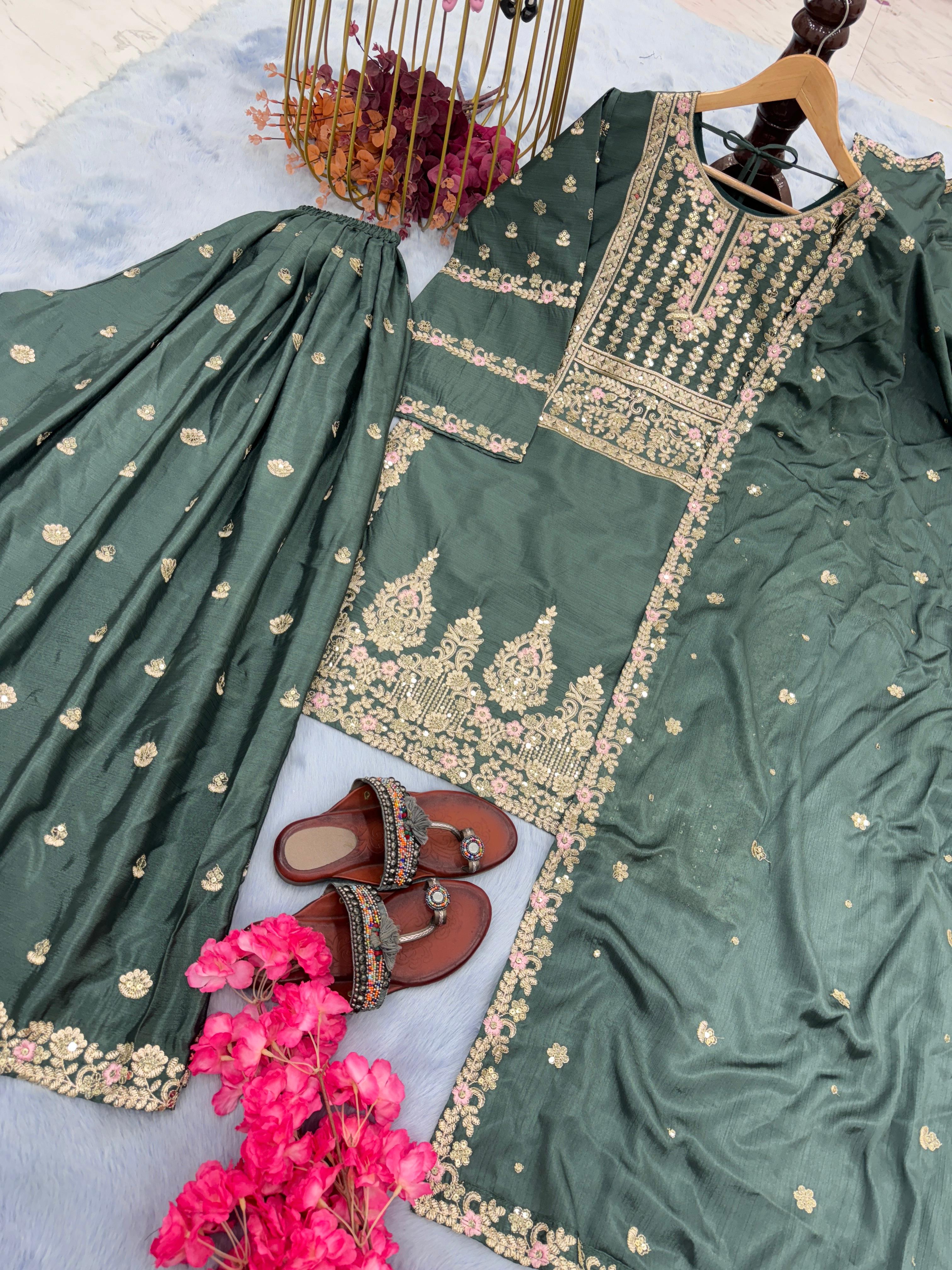 Dusty Green Color With Beautiful Work Sharara Suit