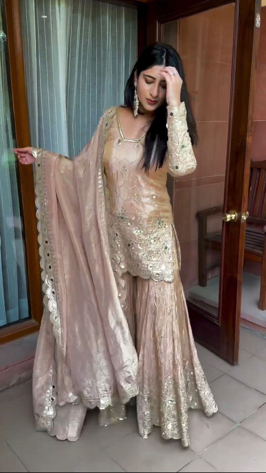 Real Mirror Embroidery Work Beige Color Sharara Suit