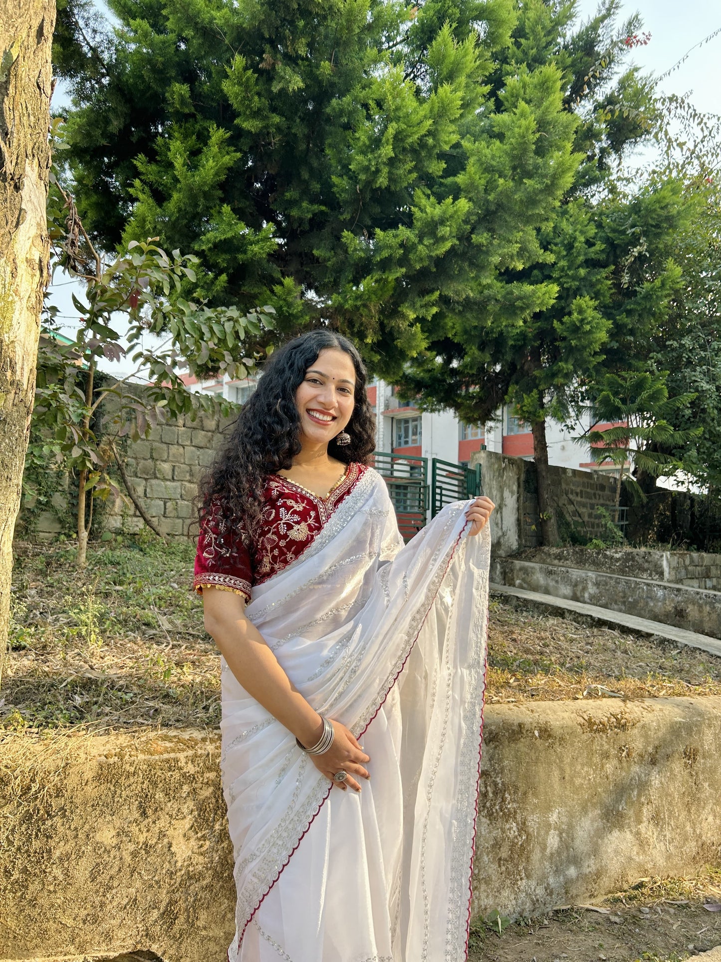 Fabulous White Color Work Saree With Velvet Blouse