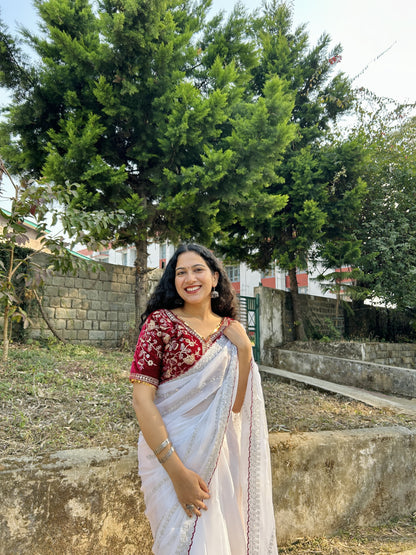 Fabulous White Color Work Saree With Velvet Blouse