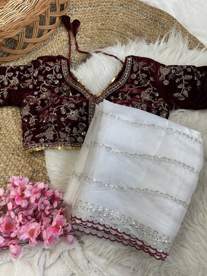 Fabulous White Color Work Saree With Velvet Blouse