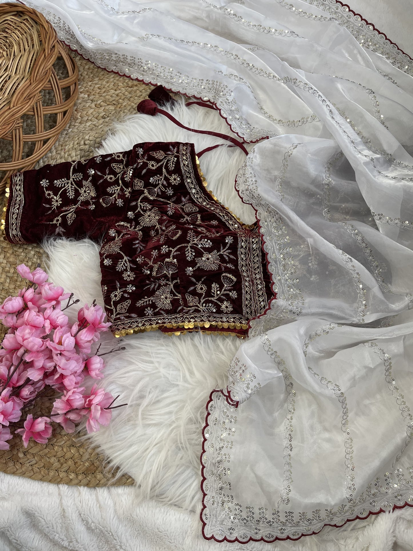 Fabulous White Color Work Saree With Velvet Blouse