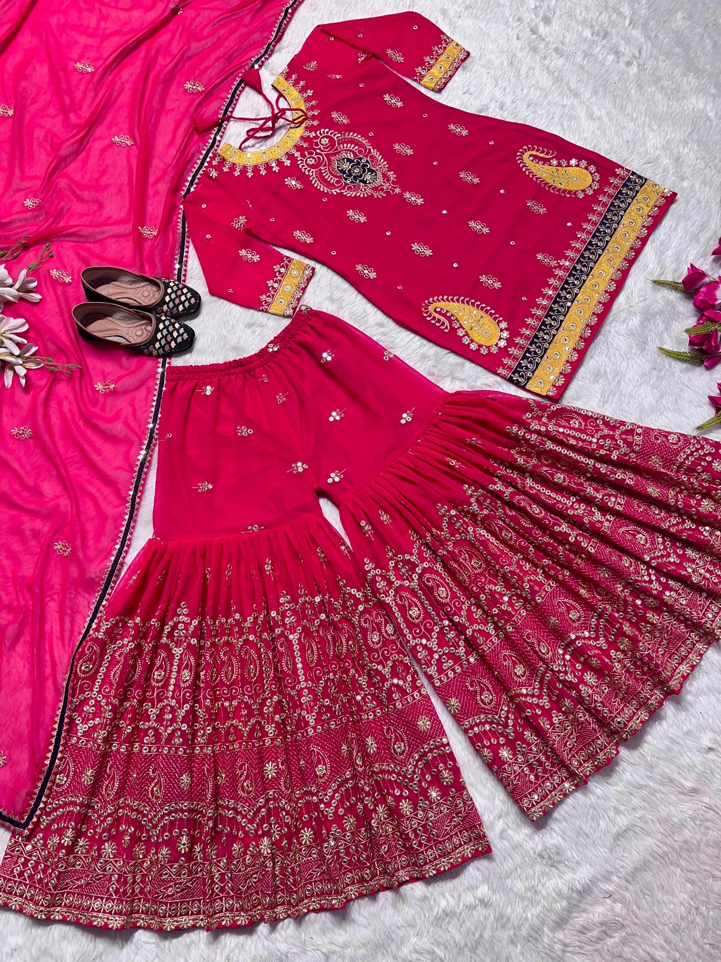 Outstanding Pink Color Multi Work Sharara Suit