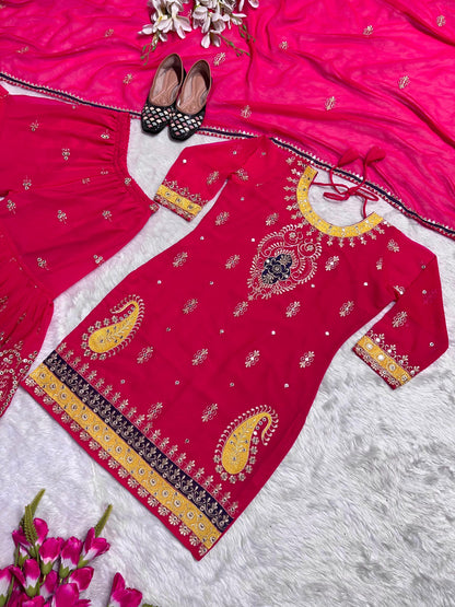 Outstanding Pink Color Multi Work Sharara Suit