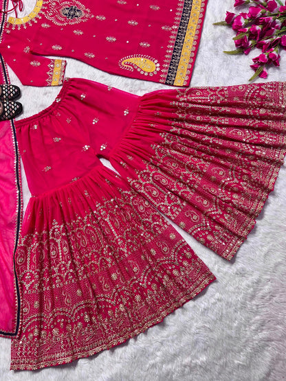 Outstanding Pink Color Multi Work Sharara Suit