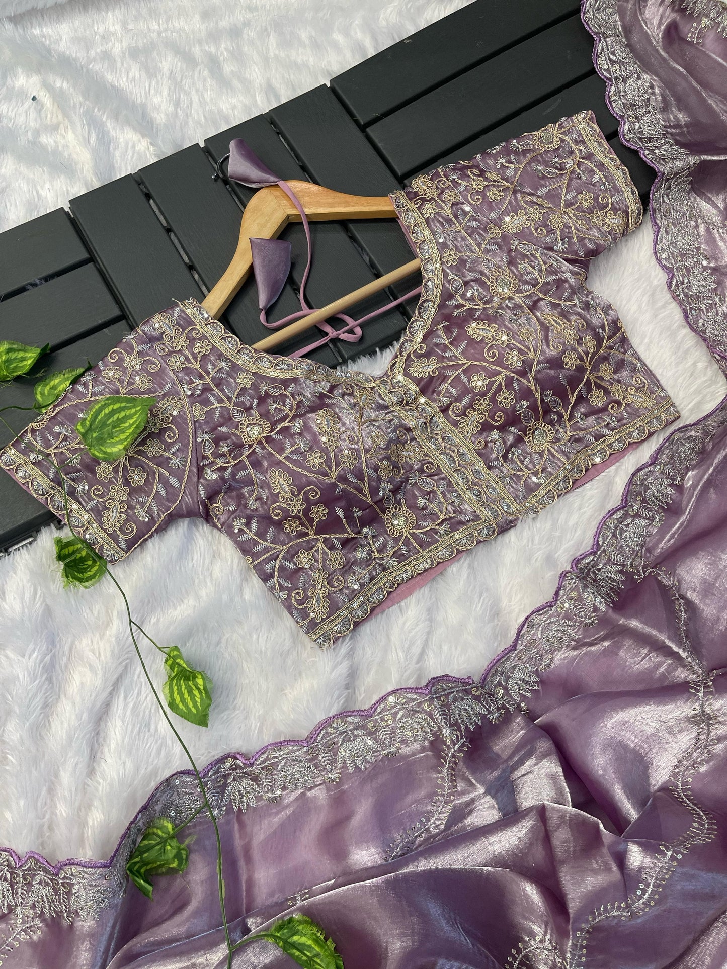 Lavender Color Embroidery With Border Cutwork Saree