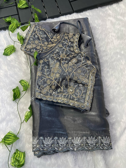 Gray Color Embroidery With Border Cutwork Saree