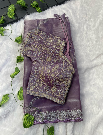 Lavender Color Embroidery With Border Cutwork Saree