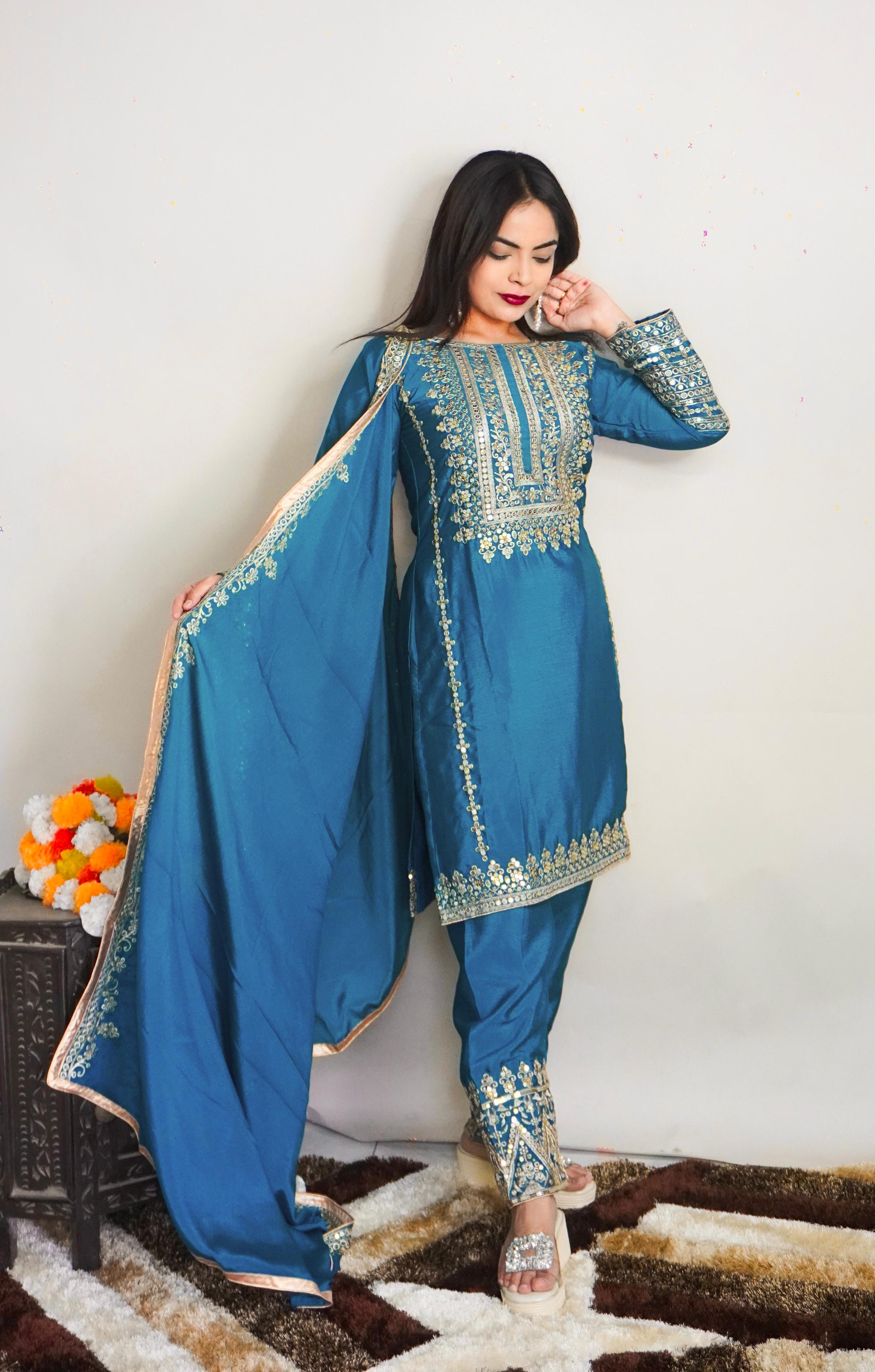 Elegant Full Sleeve With Work Blue Color Salwar Suit