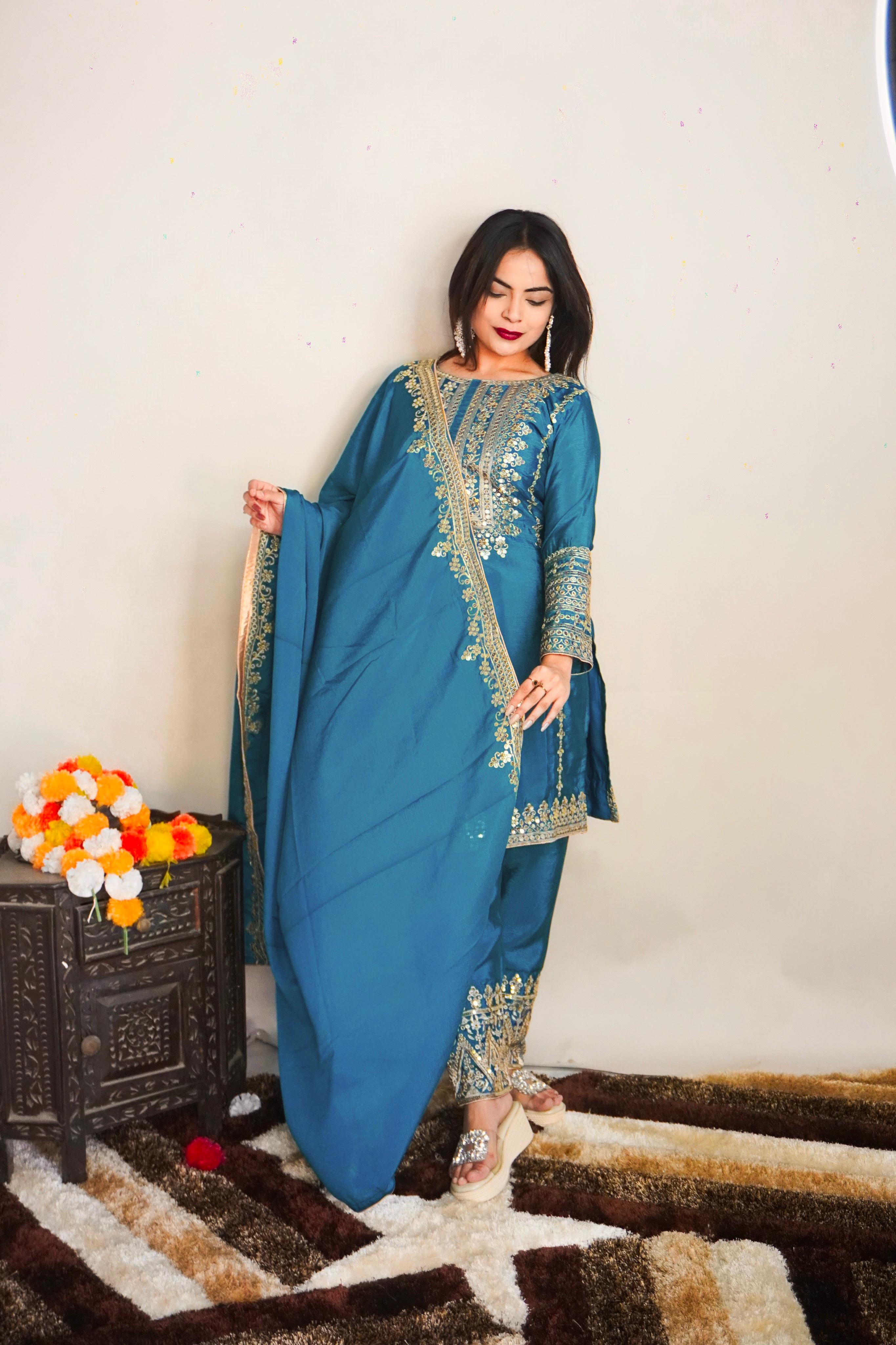 Elegant Full Sleeve With Work Blue Color Salwar Suit