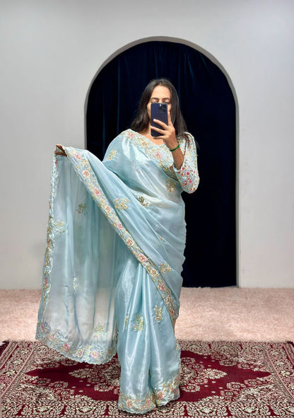 Designer Sky Blue Color Thread Sequence Work Saree