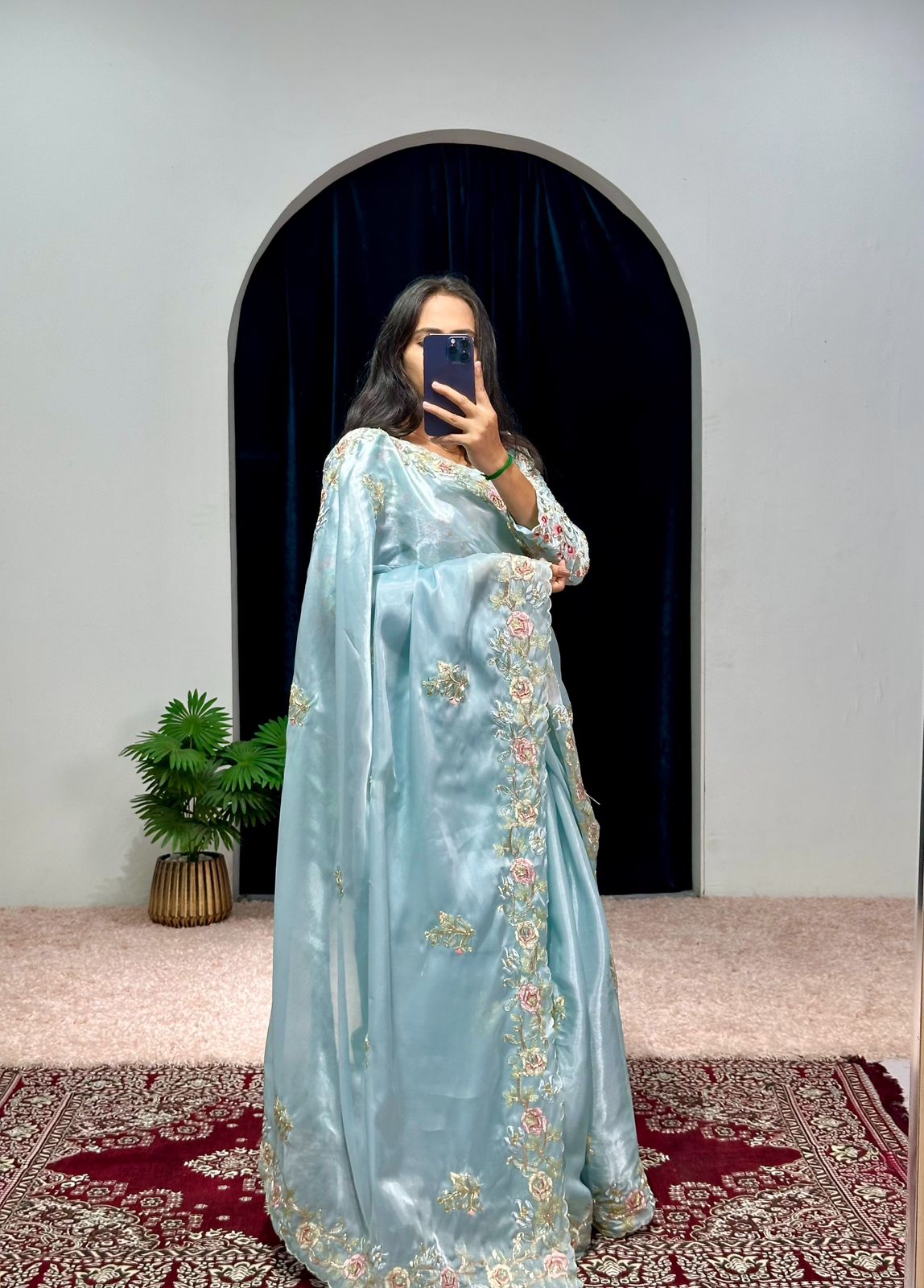 Designer Sky Blue Color Thread Sequence Work Saree