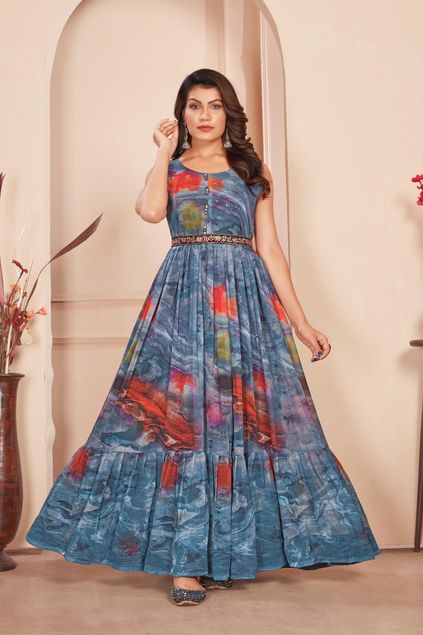 Pretty Digital Print Gray Color Gown With Waist Belt