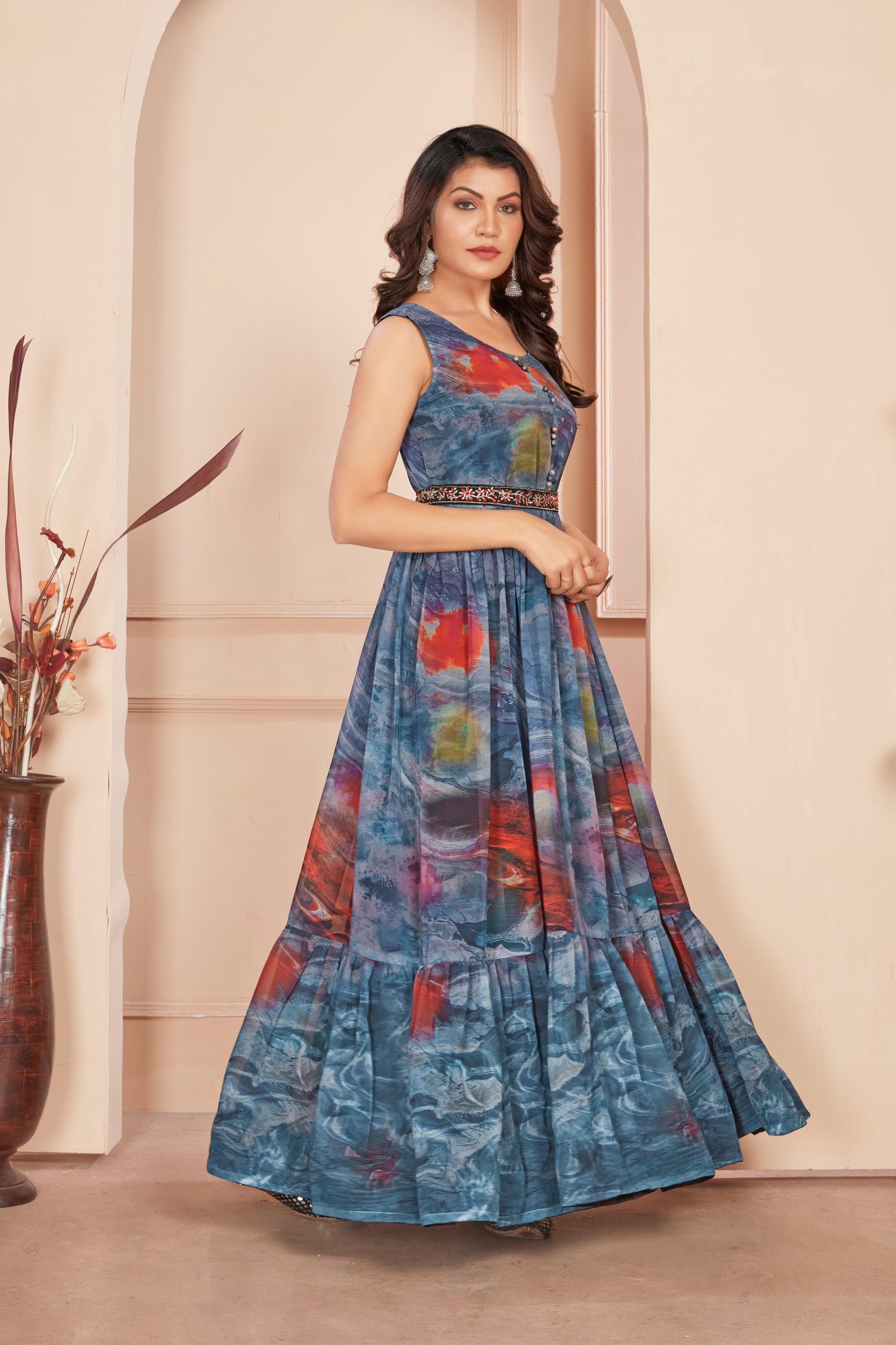 Pretty Digital Print Gray Color Gown With Waist Belt