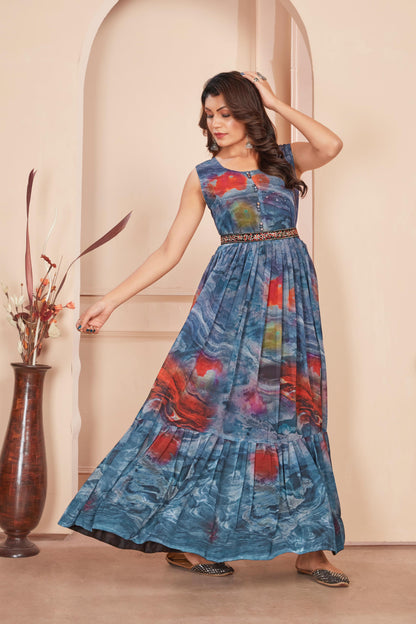 Pretty Digital Print Gray Color Gown With Waist Belt