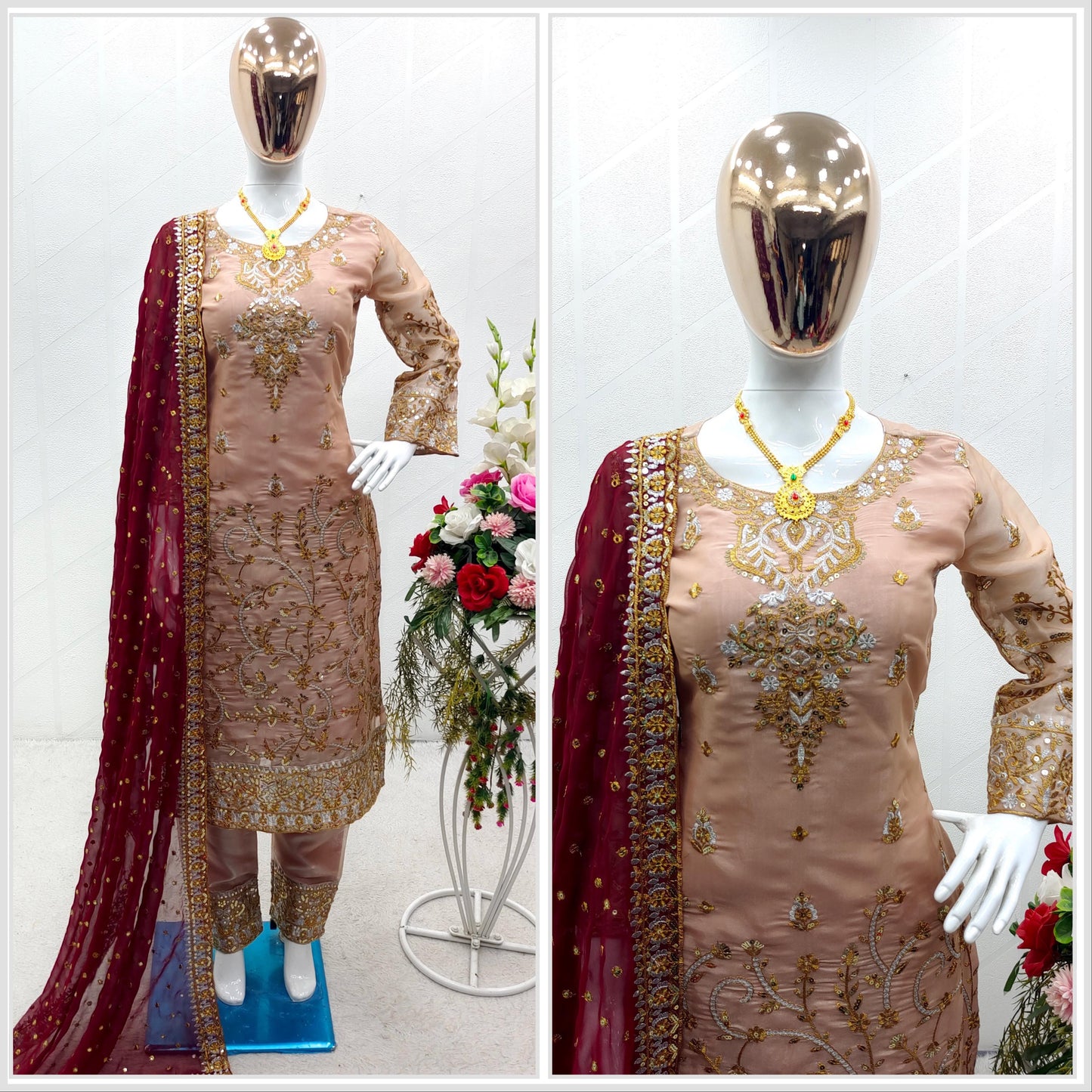 Heavy Work Peach Color Salwar Suit With Maroon Dupatta