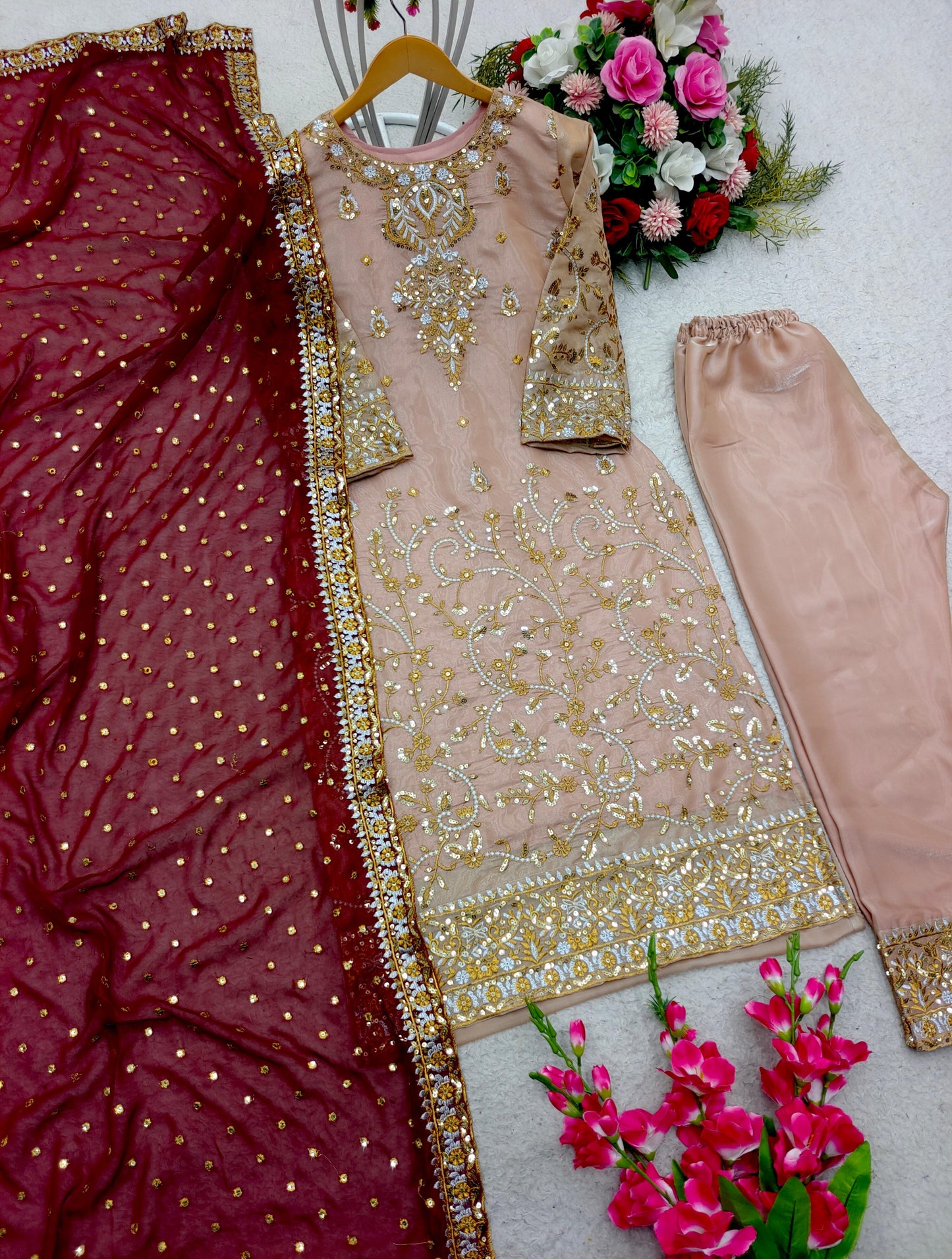 Heavy Work Peach Color Salwar Suit With Maroon Dupatta