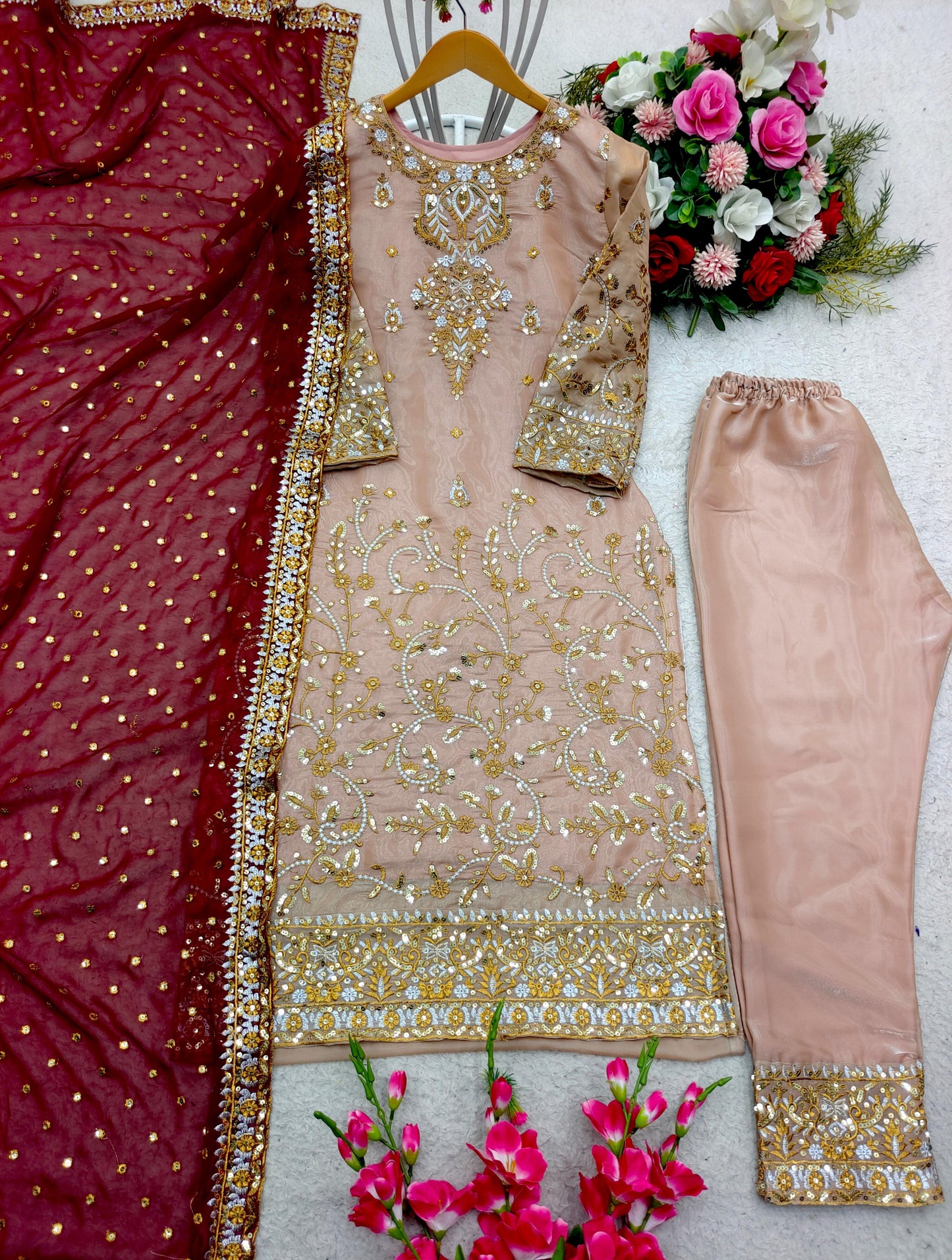 Heavy Work Peach Color Salwar Suit With Maroon Dupatta