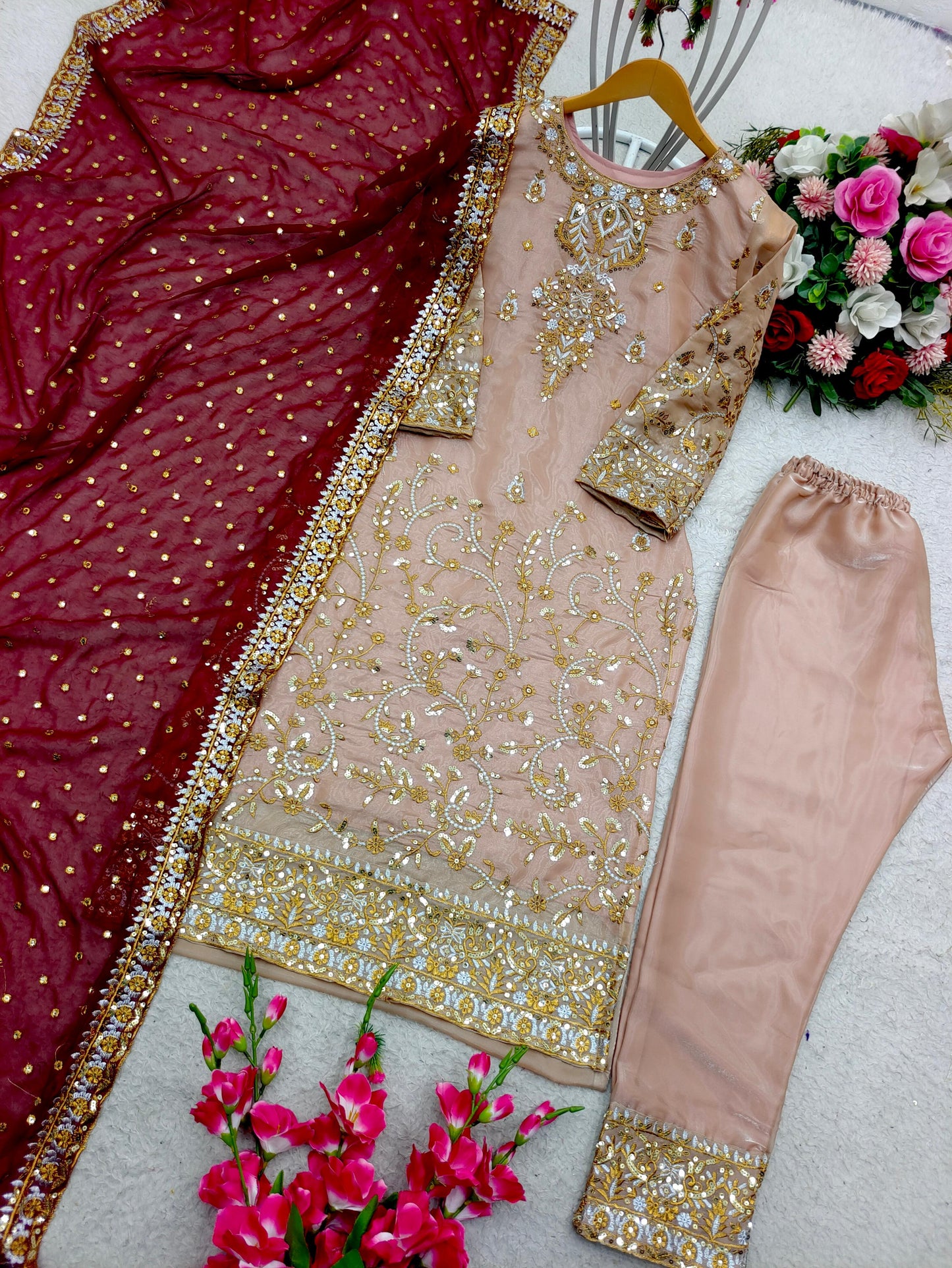 Heavy Work Peach Color Salwar Suit With Maroon Dupatta