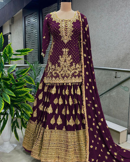 Festive Wear Full Work Wine Color Lehenga With Top