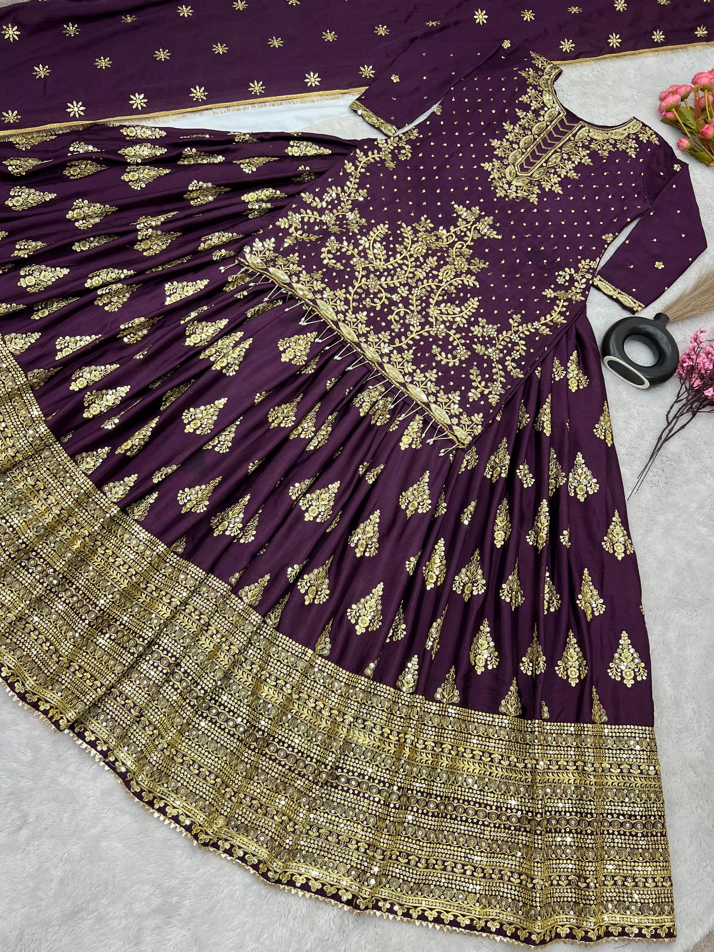 Festive Wear Full Work Wine Color Lehenga With Top