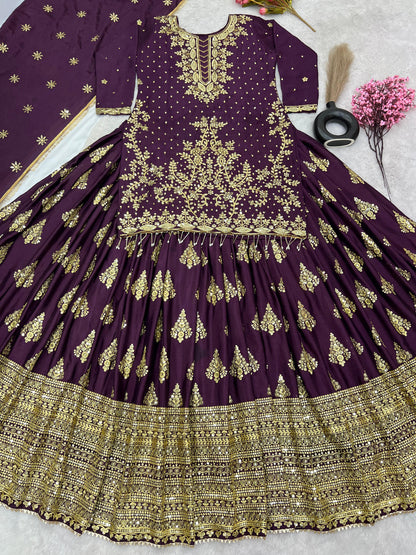 Festive Wear Full Work Wine Color Lehenga With Top