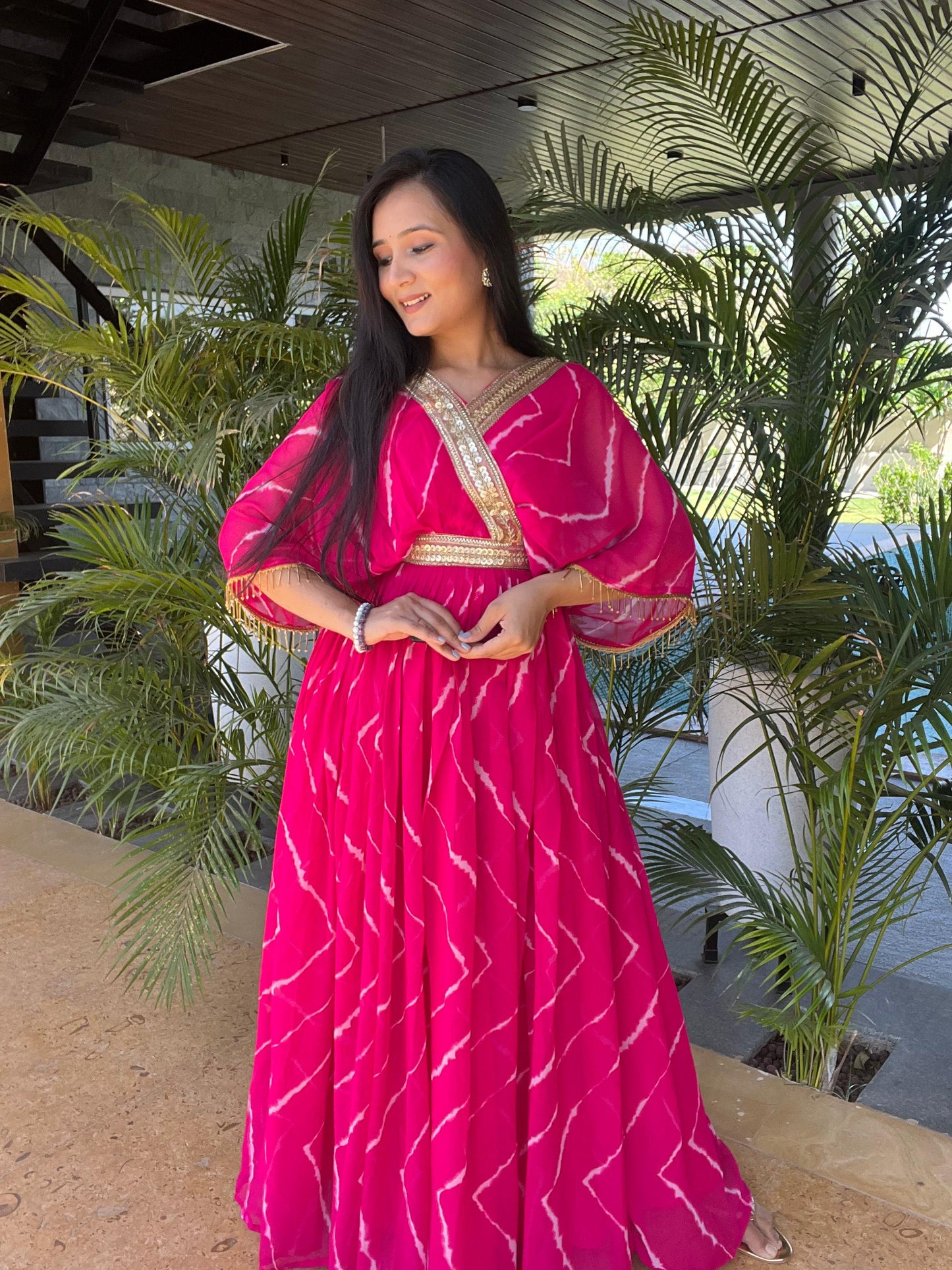 Festival Wear Pink Color Fancy Lehriya Gown