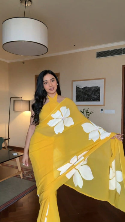 Beautiful Digital Print Yellow Color Ready To Wear Saree