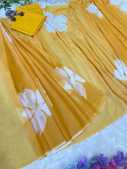 Beautiful Digital Print Yellow Color Ready To Wear Saree